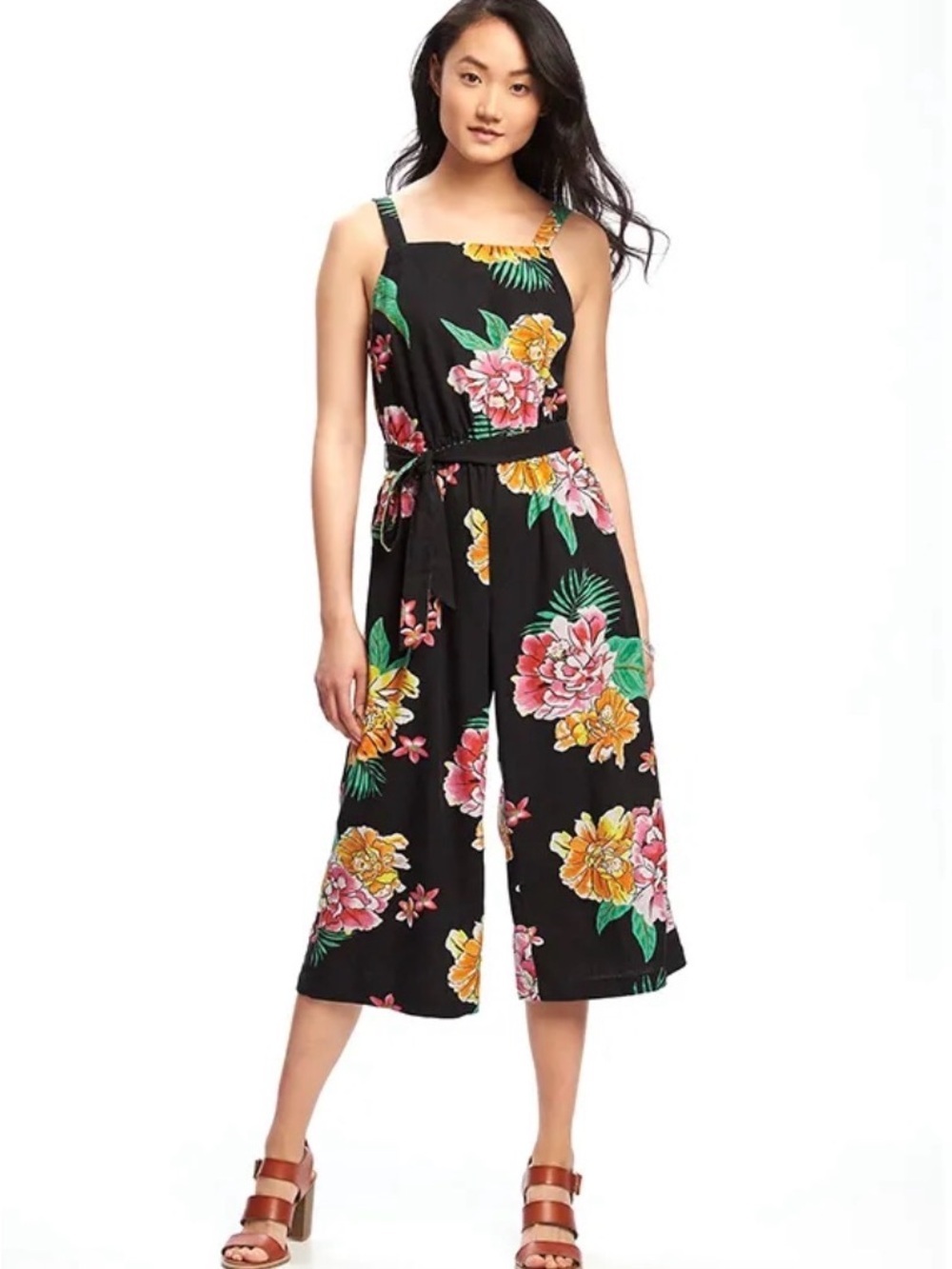 Old Navy Black Floral Strap Jumpsuit with Tie Waist NWT